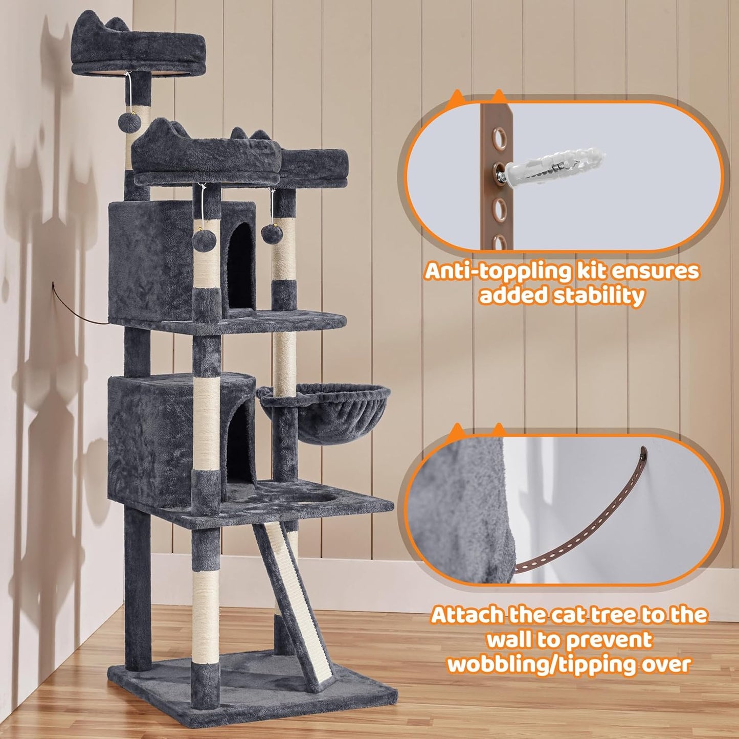 Yaheetech 68.5-in Luxury Cat Tree House – Heavy Duty Multi-Tier Activity Center for Large Cats, Extra Large Condo, Cozy Hammock & Sisal Scratching Posts