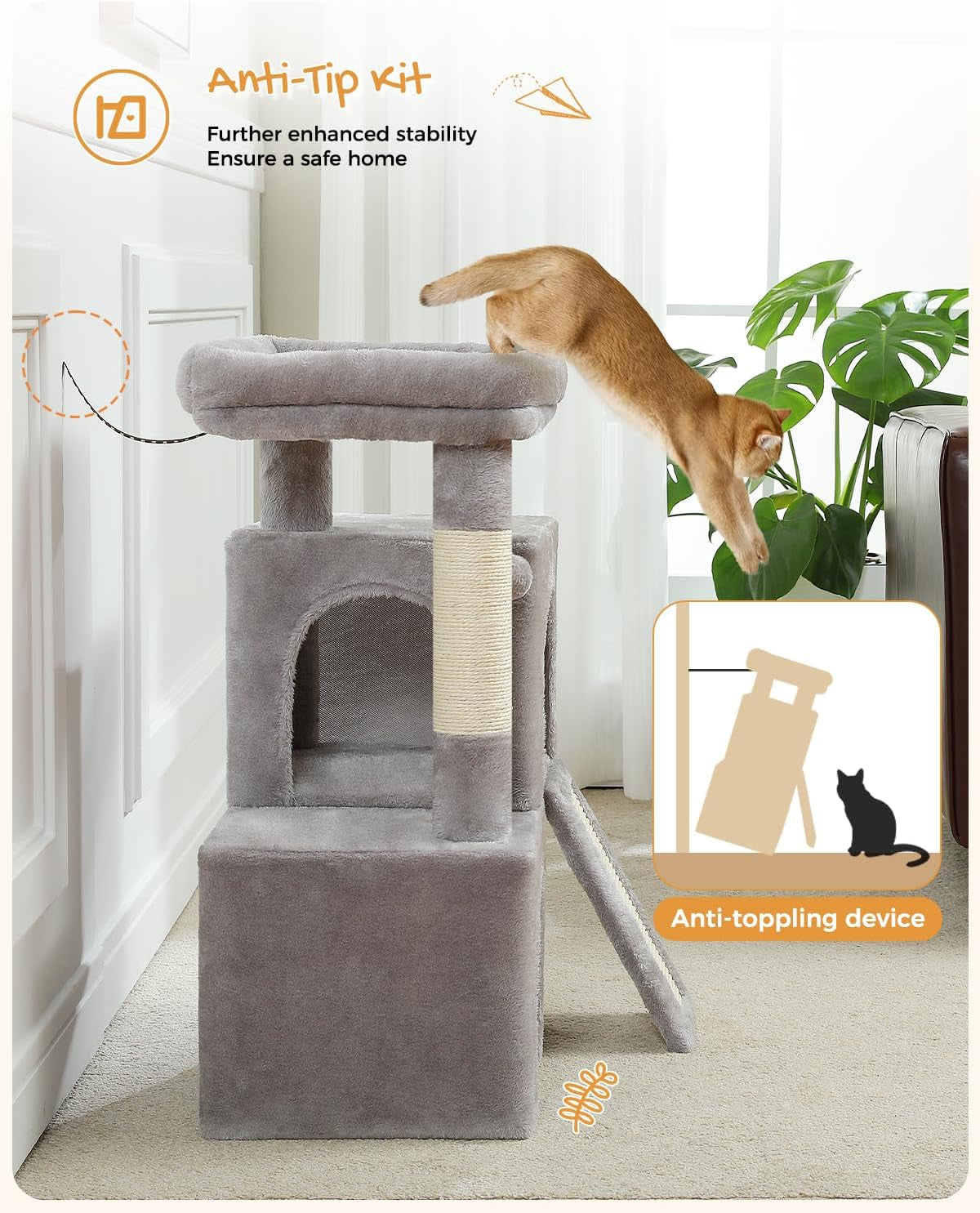 Cat Tree, 30 Inches Tower with Dual Condos for Indoor, Plush Cat House with Padded Perch, Scratching Ramp and Posts Replaceable