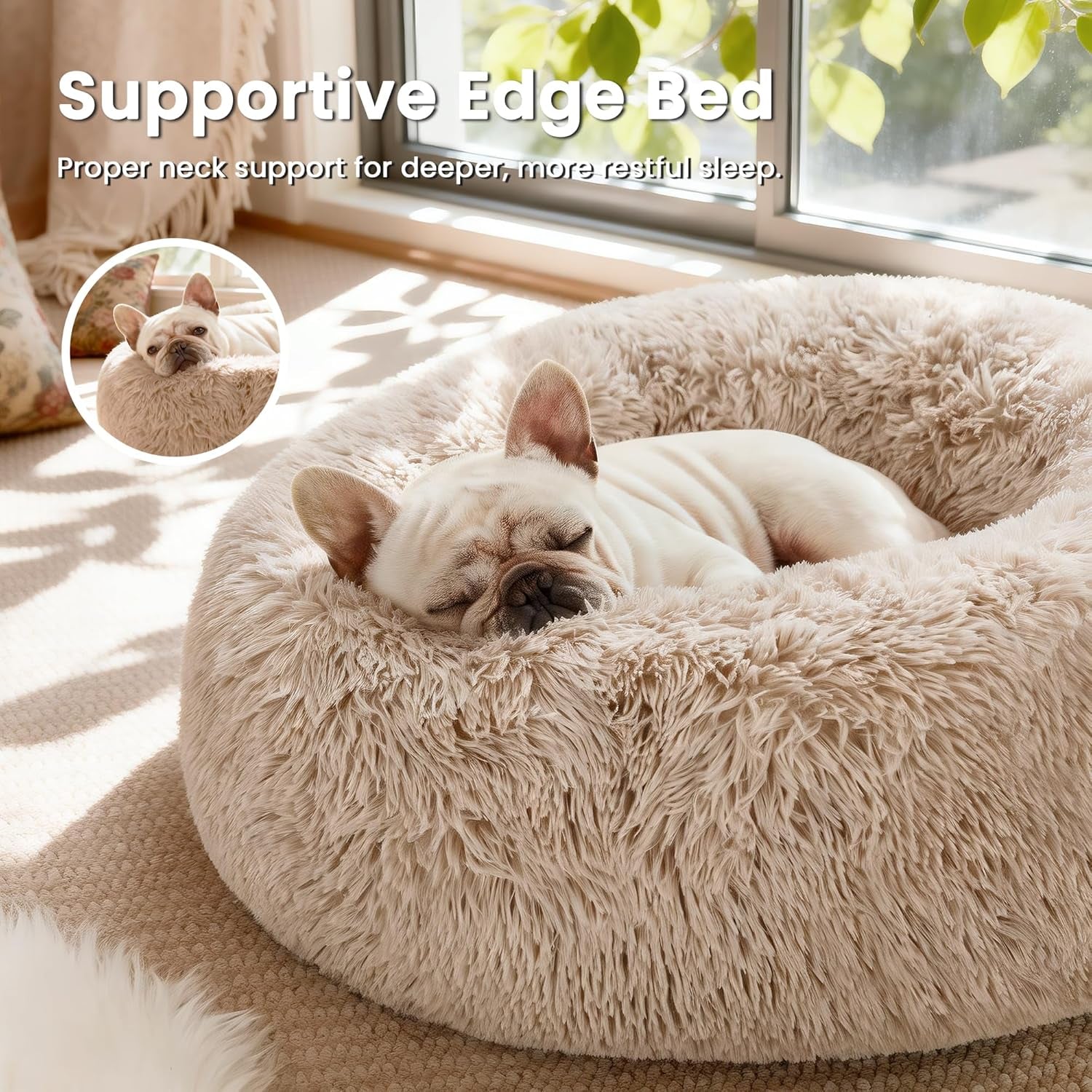 Calming Dog & Cat Bed, Donut round Bed, Fluffy Warming Bed for Small or Medium pets.