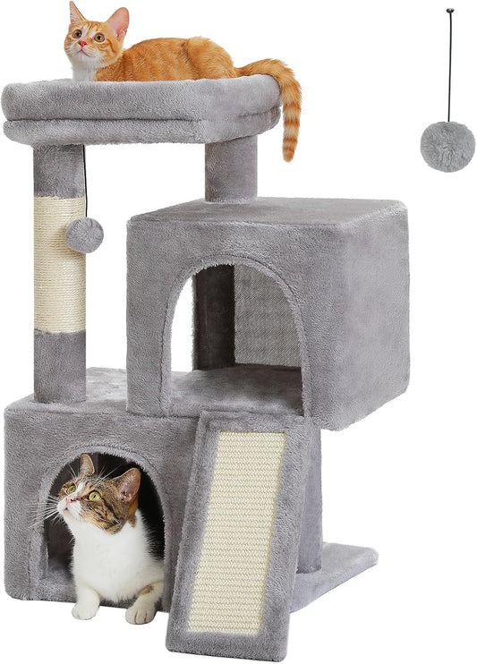 Cat Tree, 30 Inches Tower with Dual Condos for Indoor, Plush Cat House with Padded Perch, Scratching Ramp and Posts Replaceable