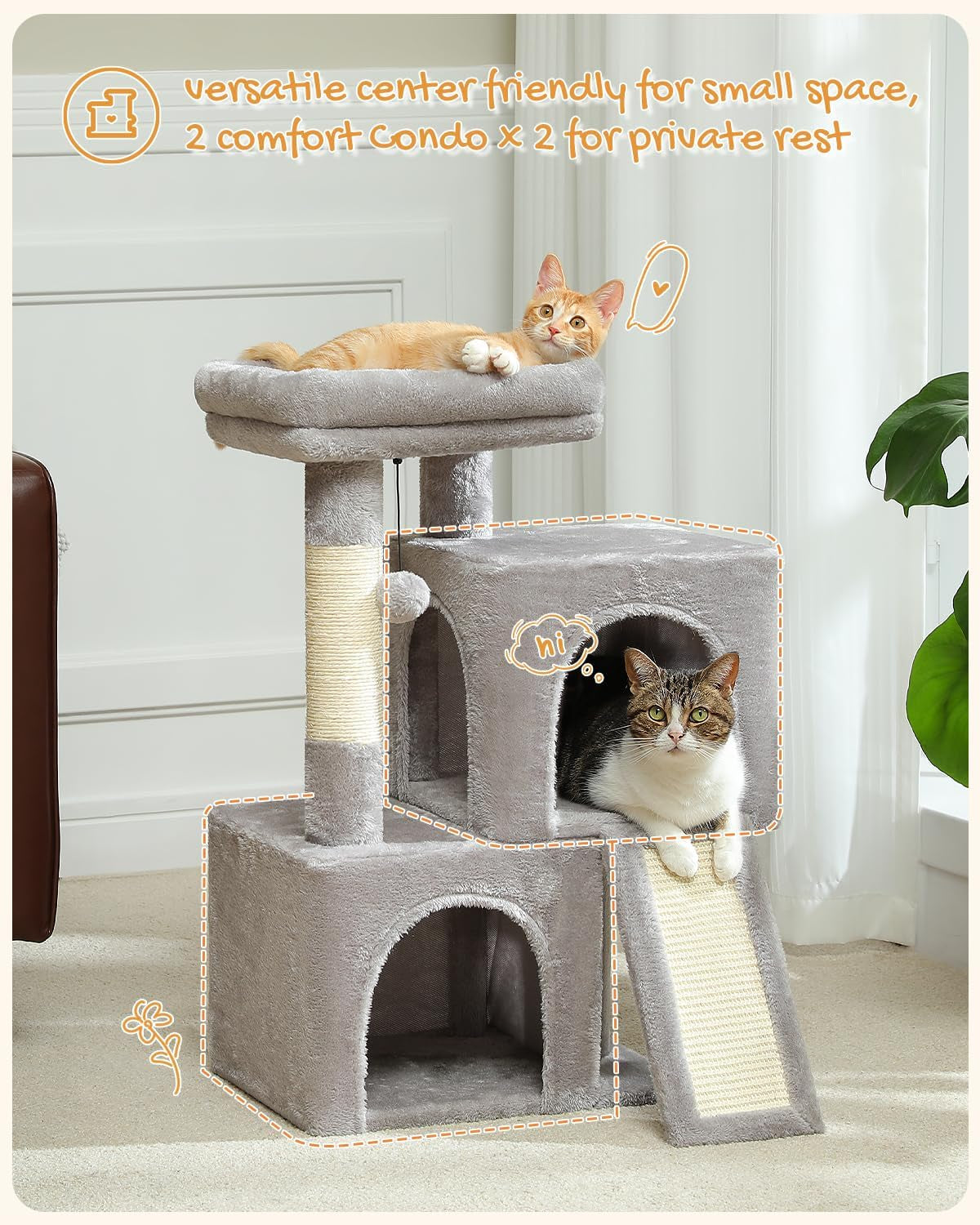 Cat Tree, 30 Inches Tower with Dual Condos for Indoor, Plush Cat House with Padded Perch, Scratching Ramp and Posts Replaceable