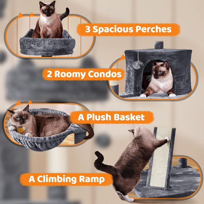 Yaheetech 68.5-in Luxury Cat Tree House – Heavy Duty Multi-Tier Activity Center for Large Cats, Extra Large Condo, Cozy Hammock & Sisal Scratching Posts