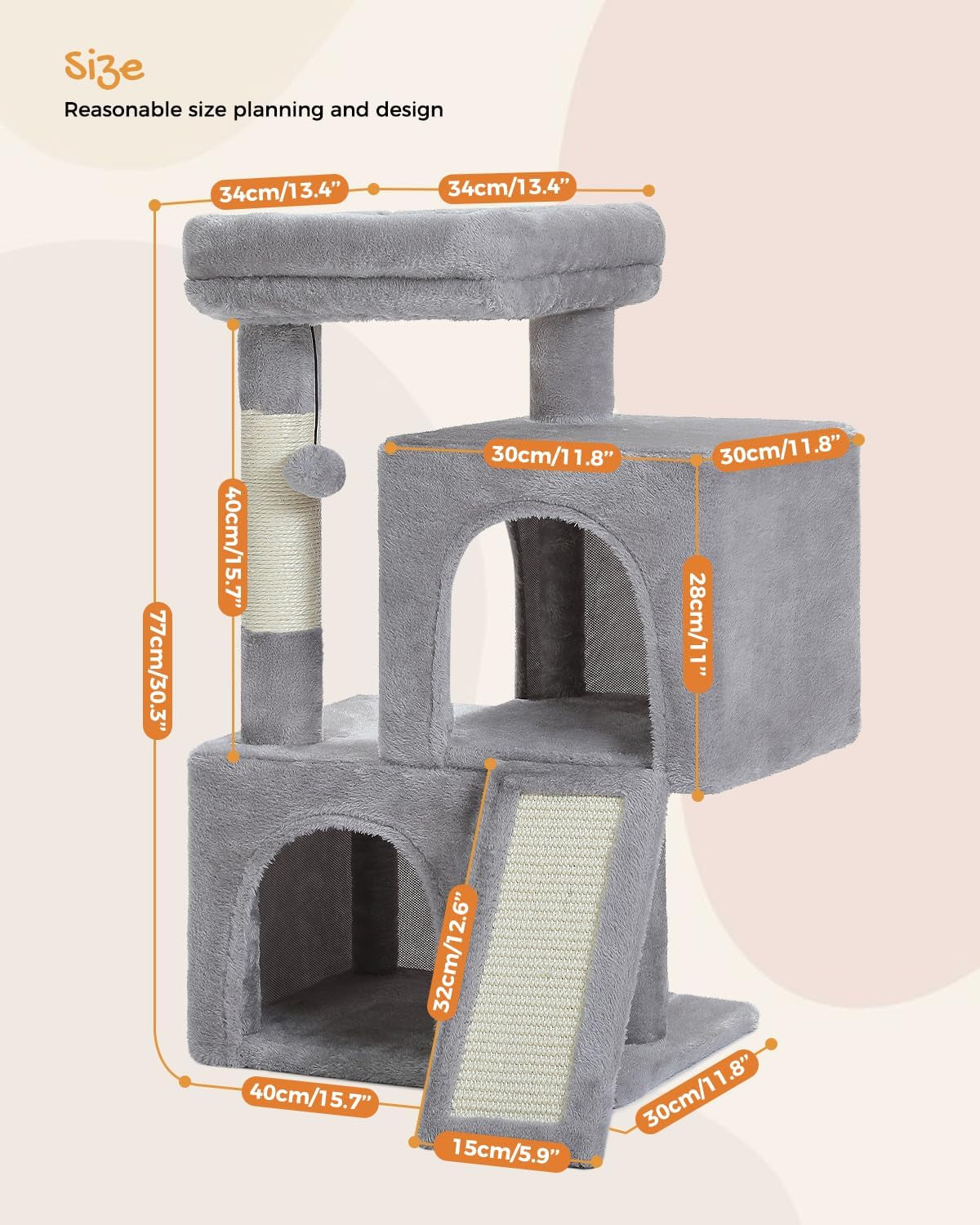 Cat Tree, 30 Inches Tower with Dual Condos for Indoor, Plush Cat House with Padded Perch, Scratching Ramp and Posts Replaceable