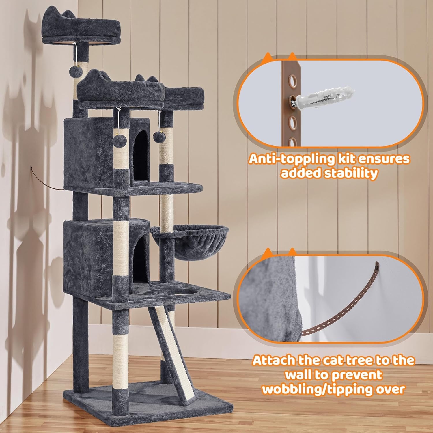 Yaheetech 68.5-in Luxury Cat Tree House – Heavy Duty Multi-Tier Activity Center for Large Cats, Extra Large Condo, Cozy Hammock & Sisal Scratching Posts