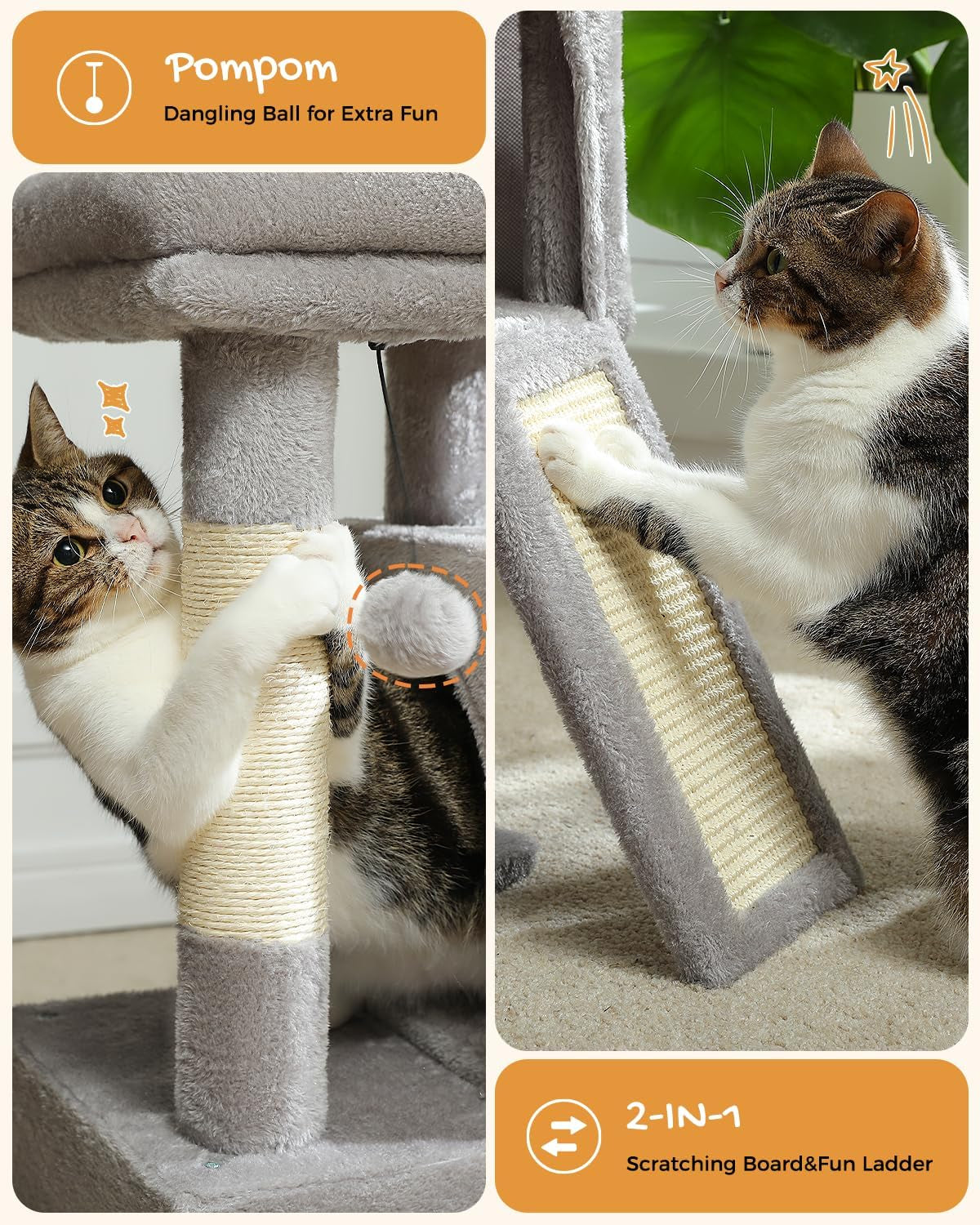 Cat Tree, 30 Inches Tower with Dual Condos for Indoor, Plush Cat House with Padded Perch, Scratching Ramp and Posts Replaceable