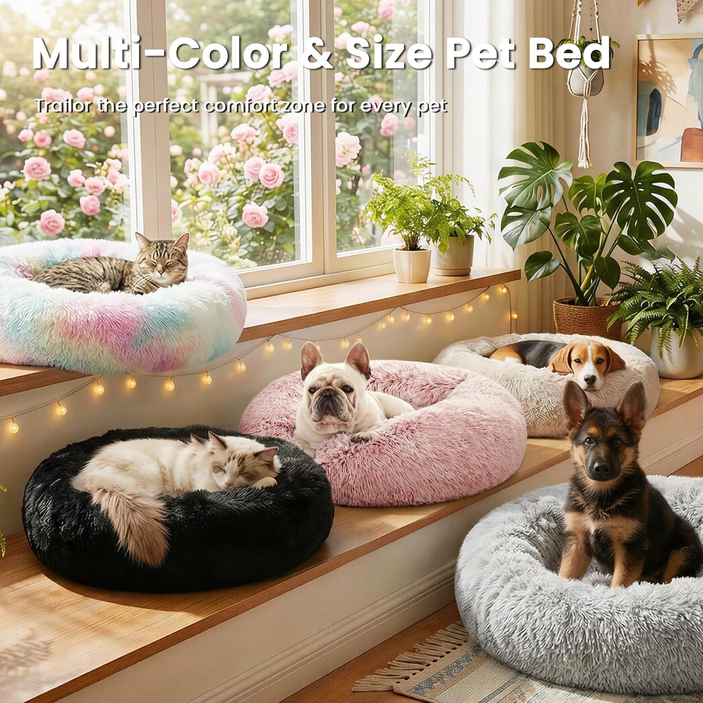 Calming Dog & Cat Bed, Donut round Bed, Fluffy Warming Bed for Small or Medium pets.