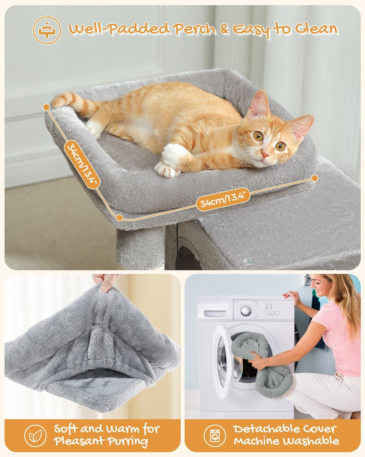 Cat Tree, 30 Inches Tower with Dual Condos for Indoor, Plush Cat House with Padded Perch, Scratching Ramp and Posts Replaceable