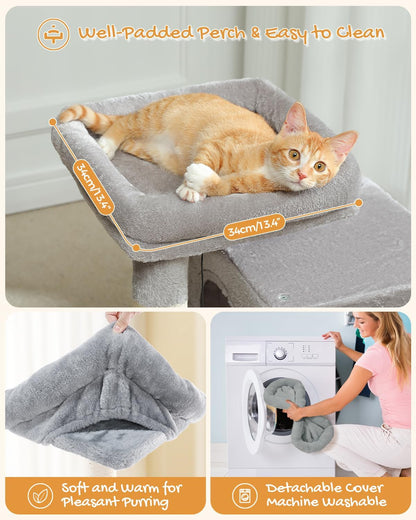 Cat Tree, 30 Inches Tower with Dual Condos for Indoor, Plush Cat House with Padded Perch, Scratching Ramp and Posts Replaceable