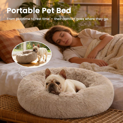 Calming Dog & Cat Bed, Donut round Bed, Fluffy Warming Bed for Small or Medium pets.