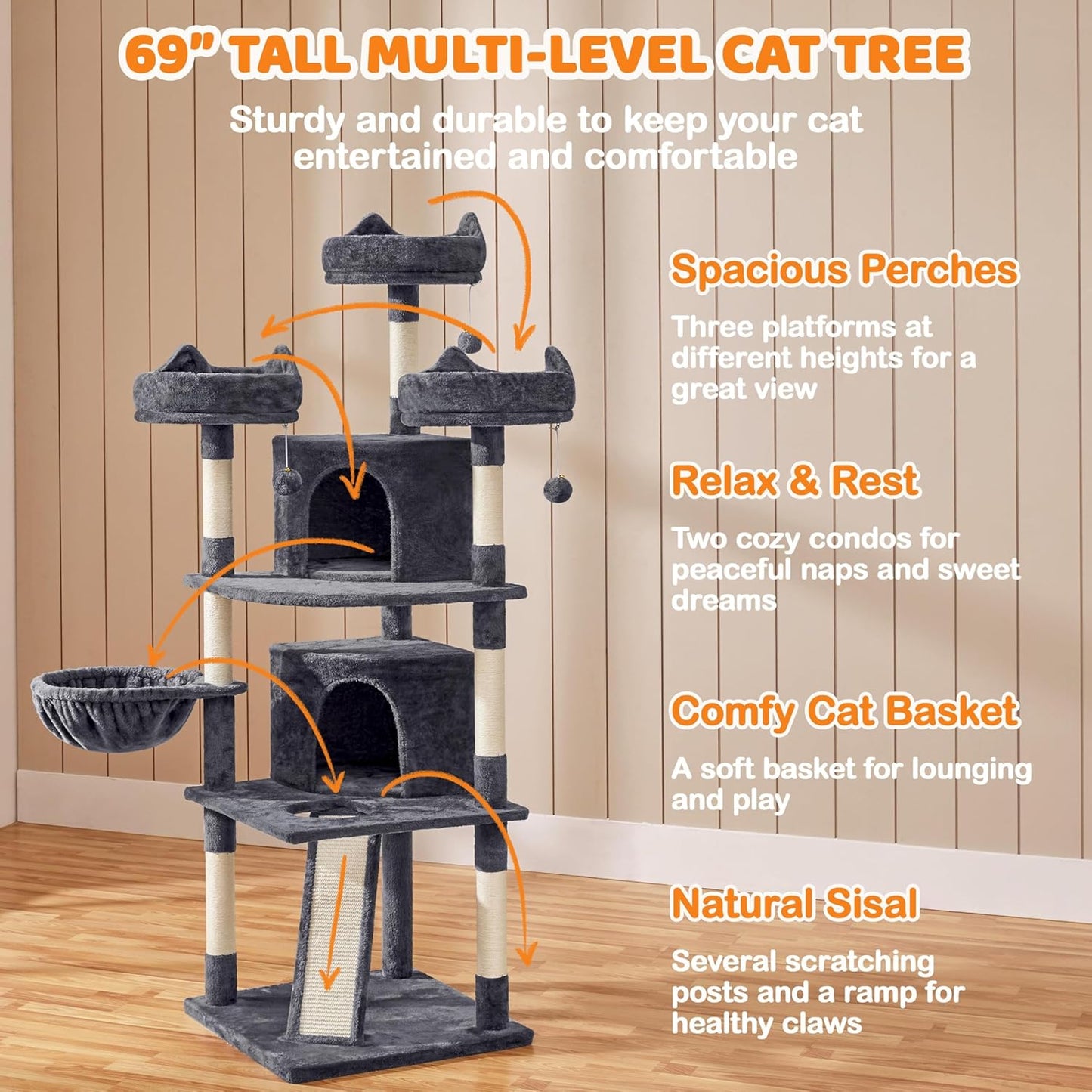 Yaheetech 68.5-in Luxury Cat Tree House – Heavy Duty Multi-Tier Activity Center for Large Cats, Extra Large Condo, Cozy Hammock & Sisal Scratching Posts