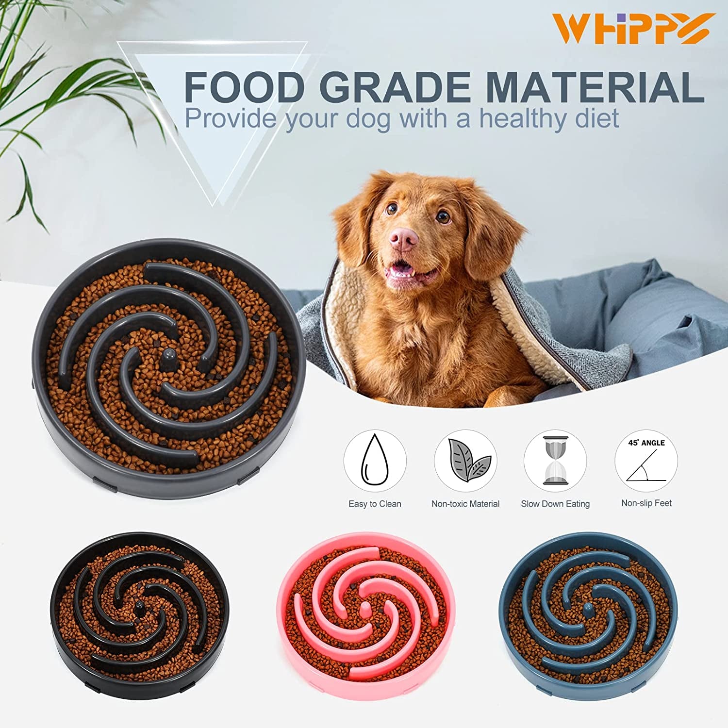 WHIPPY Slow Eating Dog Bowl – Eco-Friendly Non-Slip Pet Puzzle Feeder for Medium & Large Breed Dogs, Interactive Bloat Stop Dog Food Bowl for Choking & Gulping Prevention