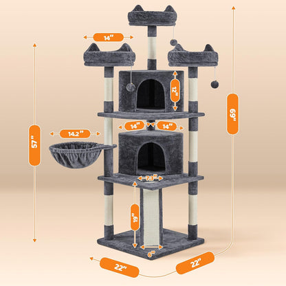 Yaheetech 68.5-in Luxury Cat Tree House – Heavy Duty Multi-Tier Activity Center for Large Cats, Extra Large Condo, Cozy Hammock & Sisal Scratching Posts