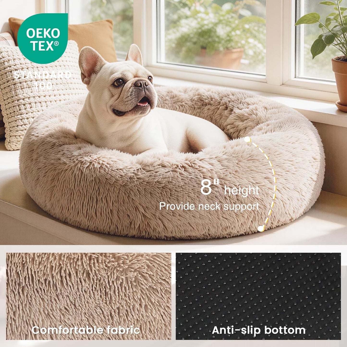 Calming Dog & Cat Bed, Donut round Bed, Fluffy Warming Bed for Small or Medium pets.